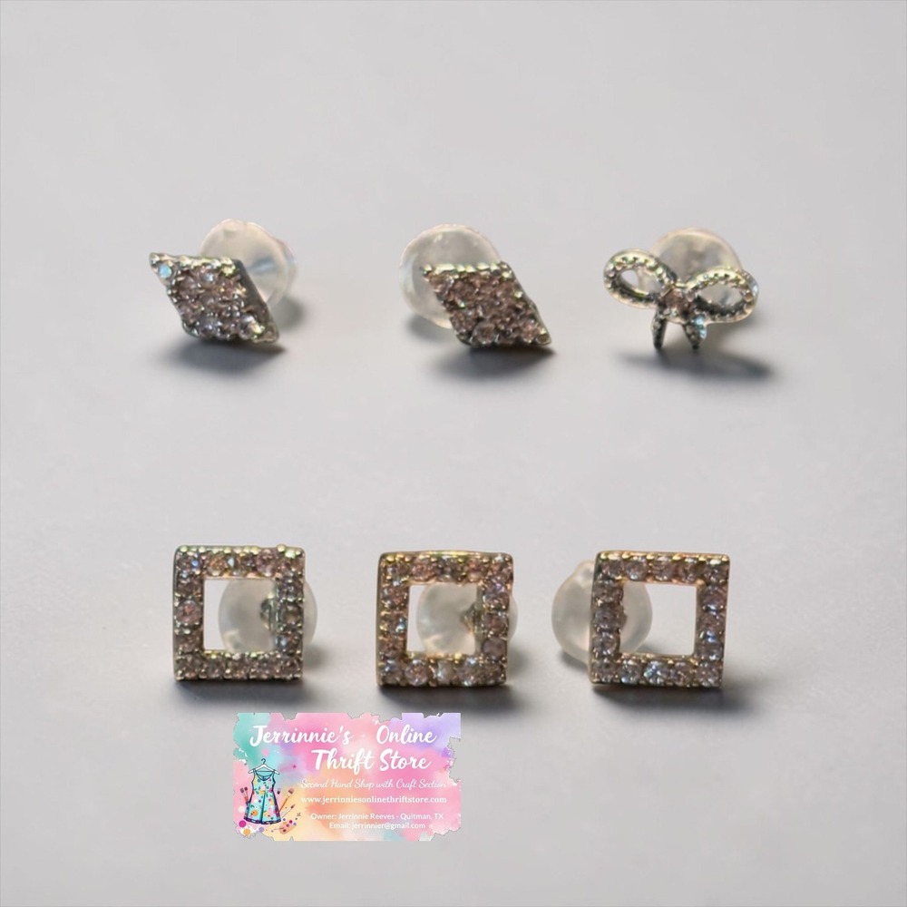 Silver Tone Crystal Pavé Stud Earring‎ Set Square Diamond Bow 6 Piece Mixed Lot